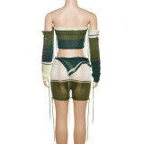 Sexy Hollow Knit Tube Top High Waist Bodycon Shorts Set