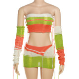 Striped Patchwork Knitted Three Piece Set Women Sexy Strapless Crop Top and Mini Skirts with Oversleeves 2023 Streetwear