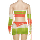 Striped Patchwork Knitted Three Piece Set Women Sexy Strapless Crop Top and Mini Skirts with Oversleeves 2023 Streetwear