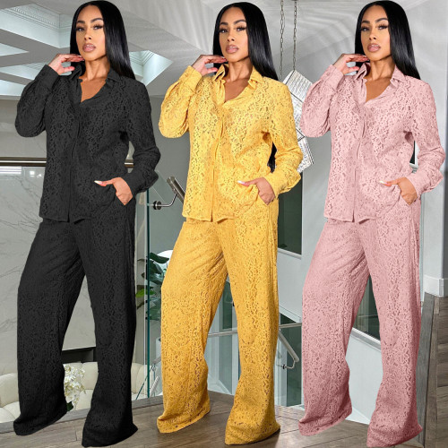 Autumn Lace Cardigan Tops & Lining Trousers Two Pieces