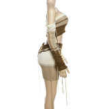 Sexy Hollow Knit Tube Top High Waist Bodycon Shorts Set