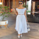 White Casual Daily Elegant Vacation Plain Drawstring Buckle Fold Off The Shoulder Short Sleeve Two Pieces