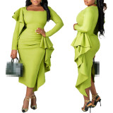 Plus Size Semi Formal Green Long Sleeve Ruffle Square Neck Midi Dress