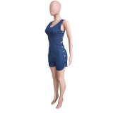 Sexy Slim One Piece Short Jumpsuit Double Breasted Sleeveless Denim Rompers