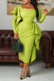 Plus Size Semi Formal Green Long Sleeve Ruffle Square Neck Midi Dress