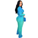 Women Gradient Color Deep V Long Sleeve Top and Trousers Two-Piece Set