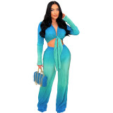 Women Gradient Color Deep V Long Sleeve Top and Trousers Two-Piece Set