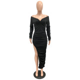 Fashion Design Dress Summer Solid Off Shoulder Close-fitting Pleated Asymmetrical Ankle Length Sexy club