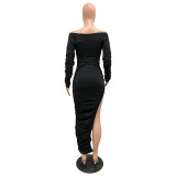 Fashion Design Dress Summer Solid Off Shoulder Close-fitting Pleated Asymmetrical Ankle Length Sexy club