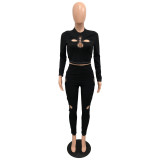 Y2K Versatile Tight Four-leaf hollow Solid Long Sleeve Top T-shirt Women Round Neck Sexy Club Party Crop Top