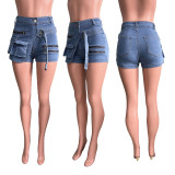 Stretch Denim Cargo Zipper Multi-Pocket Jean Shorts