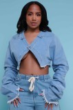 Solid Color Denim Hollow Out Crop Top & Jeans Two Pieces