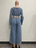 Solid Color Denim Hollow Out Crop Top & Jeans Two Pieces