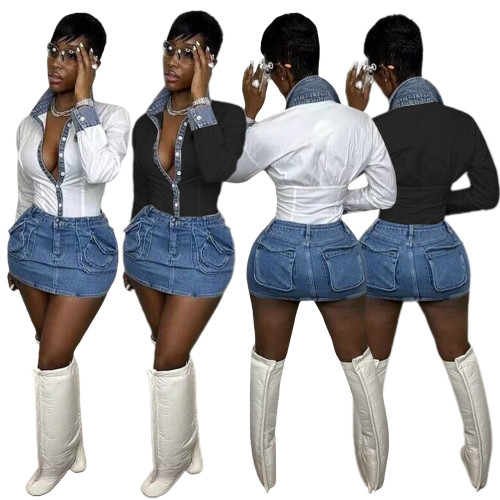 Sexy Lapel Shirt Denim Bodycon Club Skirt Set