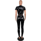 Women Sexy Pu Leather Short Sleeve Top and Pant Two-Piece Set