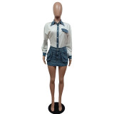 Sexy Lapel Shirt Denim Bodycon Club Skirt Set