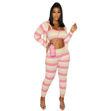 Women's Fashion Knitted Colorful Striped Sports Three Piece Set