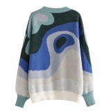 2023 Contrasting Color Jacquard Round Neck Warm Loose Casual Long Sleeve Women's Pullover Sweater