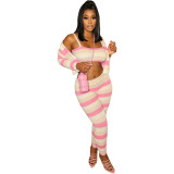 Women's Fashion Knitted Colorful Striped Sports Three Piece Set