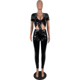Women Sexy Pu Leather Short Sleeve Top and Pant Two-Piece Set