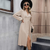Solid Color Long Sleeve Slit Midi Dresses