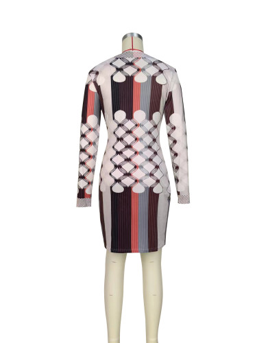 Casual Positioned Printed Round Neck Long Sleeve Mini Dress