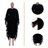 Winter Solid Color Long Sleeve Fringed Sweater Dress