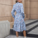 Ladies Spring Fashion Pleated Tunic V Neck Print Long Sleeve Dress Fall Long Sleeve Dresses for Women