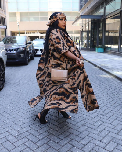 Casual Knitted Leopard Print Cardigan Jacket With headscarf