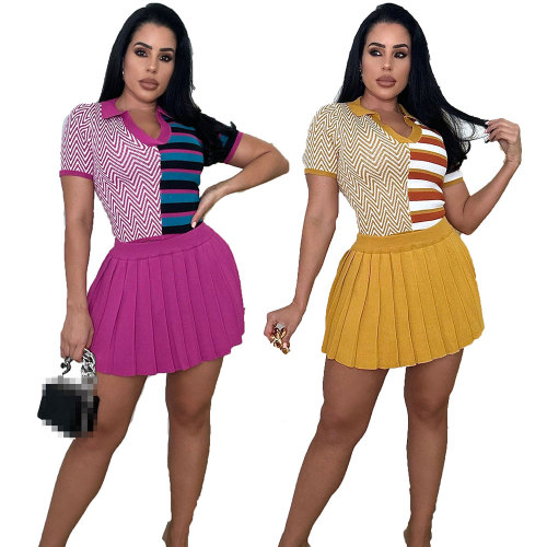 Casual Patchwork Sweater Pleated V Neck Short Sleeve Two Pieces