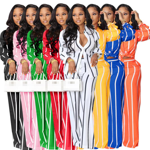 Autumn Women Two Piece Striped Shirt Set 2023 Fashion Print Long Sleeve Lapel Blouse High Waist Long Pants Piece Suit