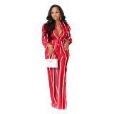 Autumn Women Two Piece Striped Shirt Set 2023 Fashion Print Long Sleeve Lapel Blouse High Waist Long Pants Piece Suit