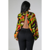 Fashion Buttoned Printed Cardigan Blouse Dolman Sleeve Top