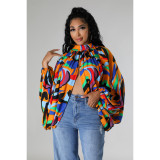 Fashion Buttoned Printed Cardigan Blouse Dolman Sleeve Top