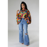 Fashion Buttoned Printed Cardigan Blouse Dolman Sleeve Top