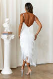 White Tassel Stitching Sexy Straps Backless Midi Dress