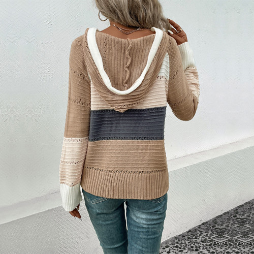 Casual Color Block Hooded Pullover Sweater