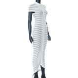 2023 Autumn Women'S Fashion Solid Short Sleeve Round Neck Slim Fit Wrap Hip Stacked Ruffle Midi Dress