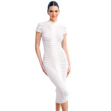 2023 Autumn Women'S Fashion Solid Short Sleeve Round Neck Slim Fit Wrap Hip Stacked Ruffle Midi Dress
