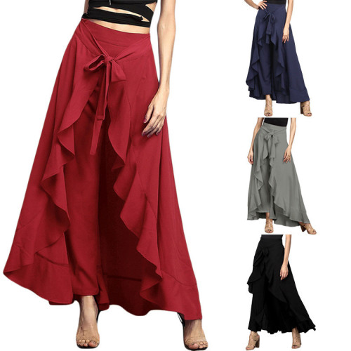 Women's Temperament Skirt Pants with Irregular Ruffle and high Waist lace up Pants