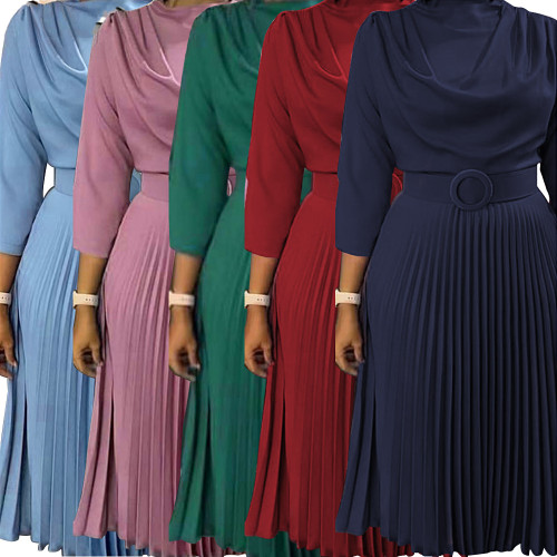 2023 women office dress african plus size solid color pleated midi dress elegant casual party dress ladies wear