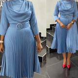 2023 women office dress african plus size solid color pleated midi dress elegant casual party dress ladies wear