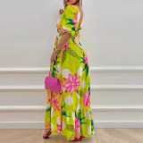 Women's Wear Is Designed Fashion Floral Printed Sun Dresses Cut Out High Waist Split Long Dress