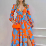 Women's Wear Is Designed Fashion Floral Printed Sun Dresses Cut Out High Waist Split Long Dress