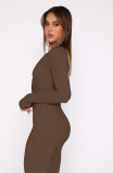 Solid Color Single-breasted Knitted Ribbed Long Sleeve Jumpsuit
