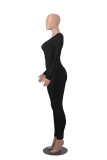 Solid Color Single-breasted Knitted Ribbed Long Sleeve Jumpsuit