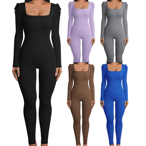 Women's Sexy Long Sleeve Ribbed Invisible Zipper Bodycon Jumpsuit Rompers One Piece Outfits