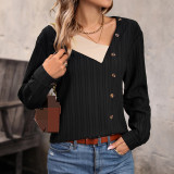 Popular Women's Shirts Button-decorated Contrasting Color Stitching V-neck Tops