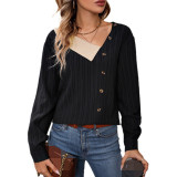 Popular Women's Shirts Button-decorated Contrasting Color Stitching V-neck Tops