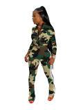 Autumn Casual Zipper Printed Camouflage Sports Two Piece Outfits
